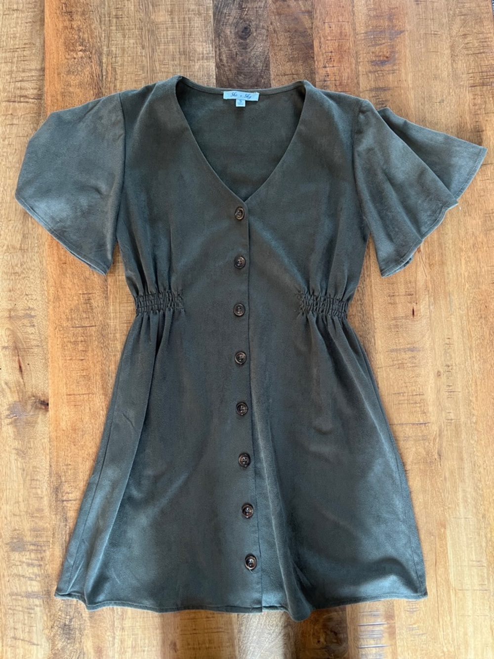 Smocked-Waist V-Neck Mini Dress in Olive